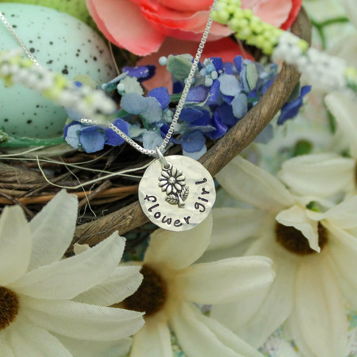 Flower Girl Necklace, Flower Girl Wedding Necklace, Tiny Sterling Silver Flower Girl Personalized Hand Stamped Jewelry, Flower Girl Gift