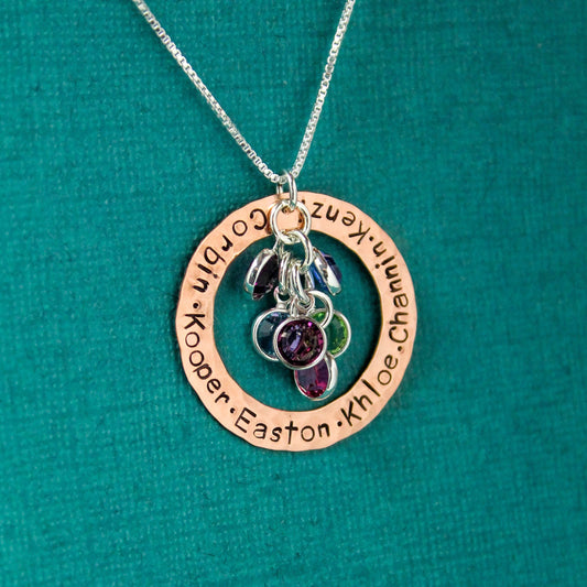 Personalized Mother Necklace, Copper Washer Mommy Necklace with Birthstones, Birthstone Jewelry, Mother's Day Gift, Hand Stamped Jewelry