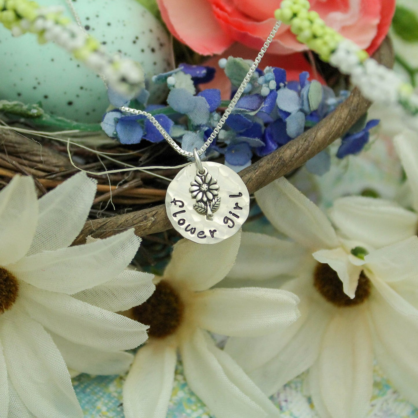 Flower Girl Necklace, Flower Girl Wedding Necklace, Tiny Sterling Silver Flower Girl Personalized Hand Stamped Jewelry, Flower Girl Gift