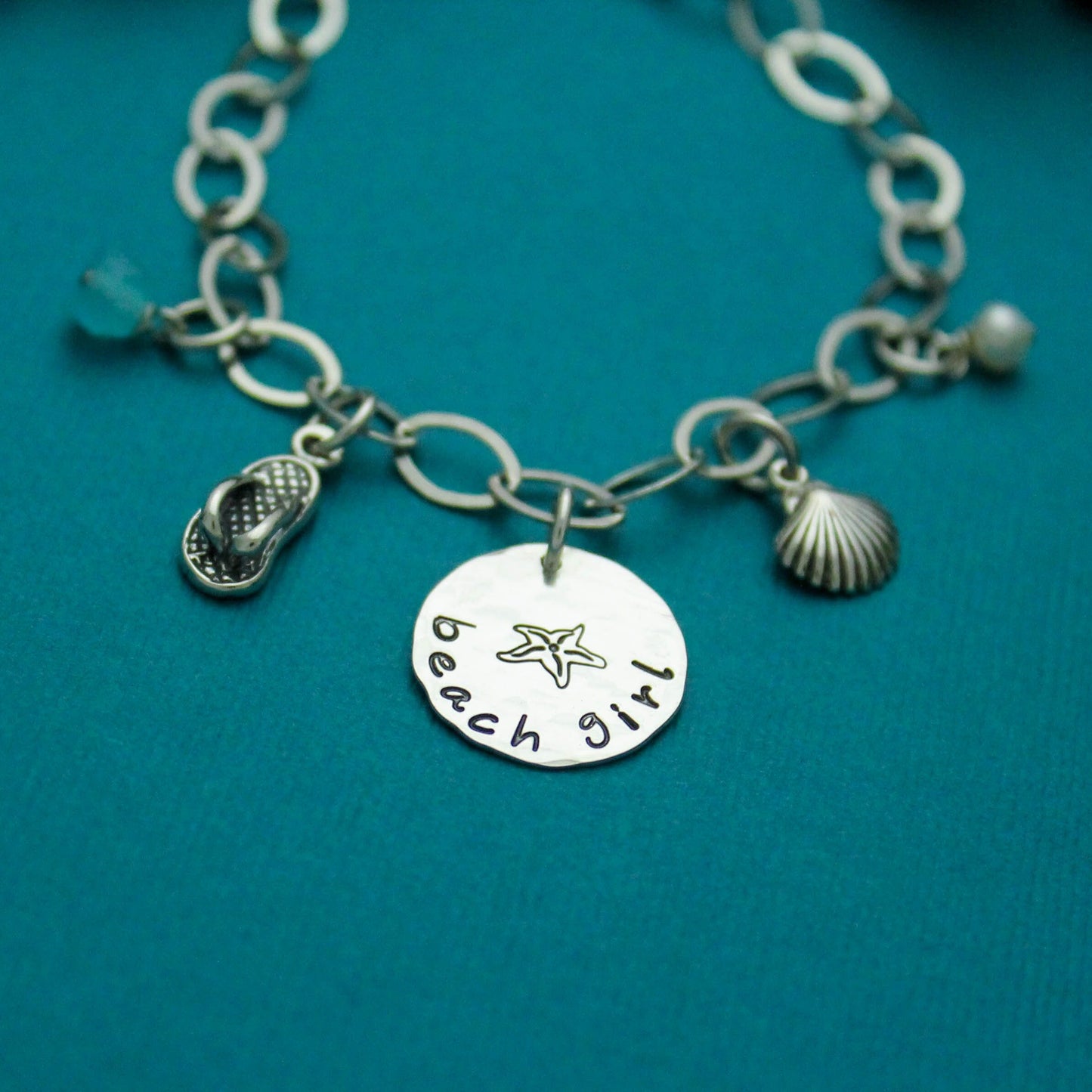Sterling Silver Personalized Beach Girl Bracelet with Seashell & Flip Flop, Birthstone, Pearl, or Blue Sea Glass Charms, Beach Girl Gift