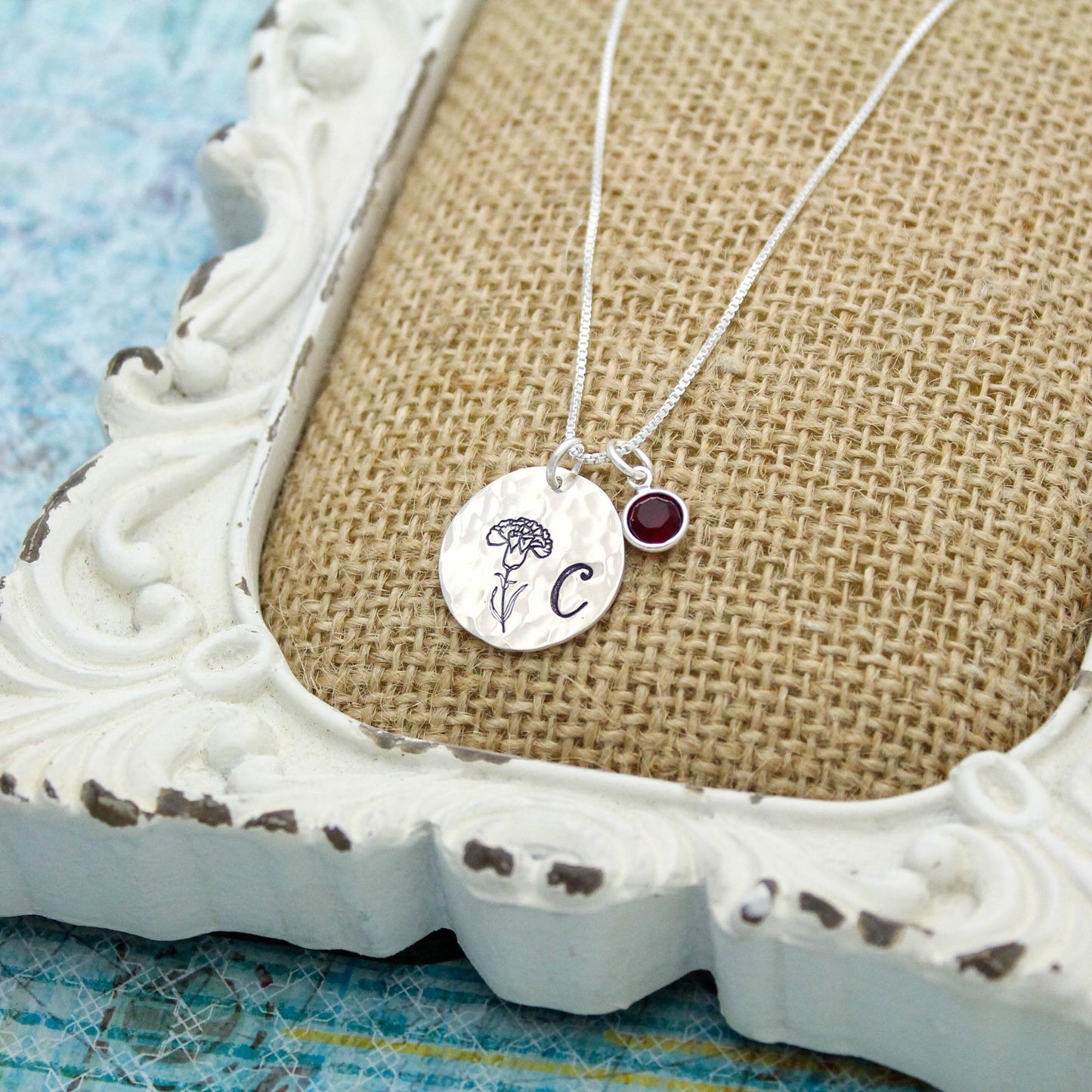 Birth Month Flower Necklace with Initial & Birthstone, Sterling Silver Birth Flower Necklace, Birthday Gift, Flower Birthstone Jewelry