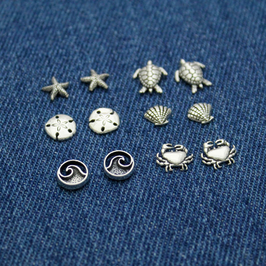 Cute Beach Studs in Sterling Silver, Waves, Crabs, Shells, Turtles, Starfish, & Sand dollar, Silver Stud Earrings, Cute Gift for Her