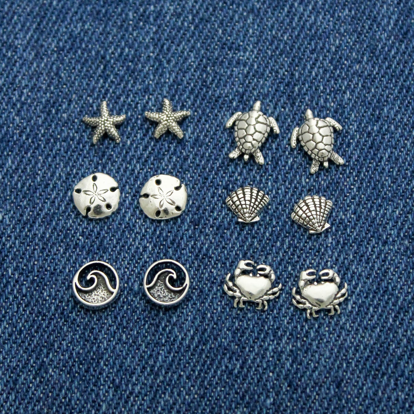 Cute Beach Studs in Sterling Silver, Waves, Crabs, Shells, Turtles, Starfish, & Sand dollar, Silver Stud Earrings, Cute Gift for Her