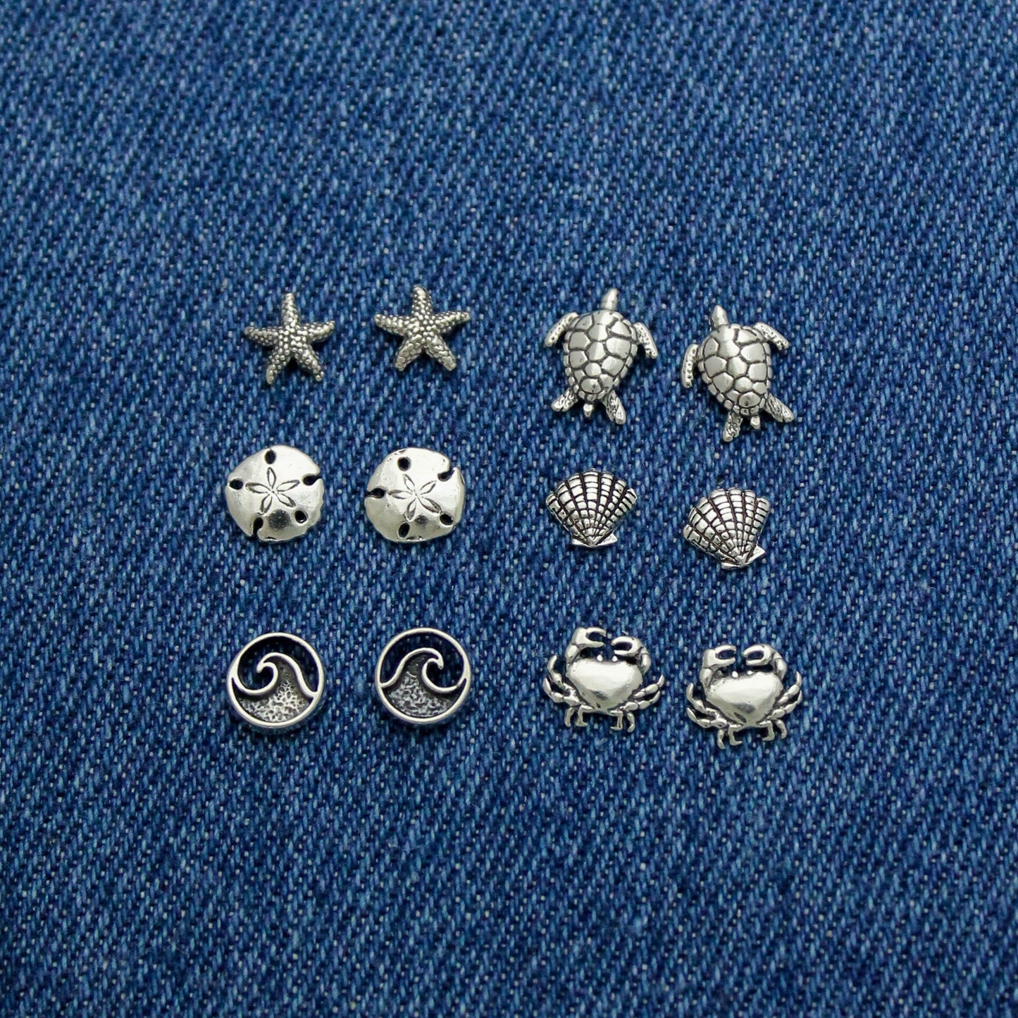 Cute Beach Studs in Sterling Silver, Waves, Crabs, Shells, Turtles, Starfish, & Sand dollar, Silver Stud Earrings, Cute Gift for Her