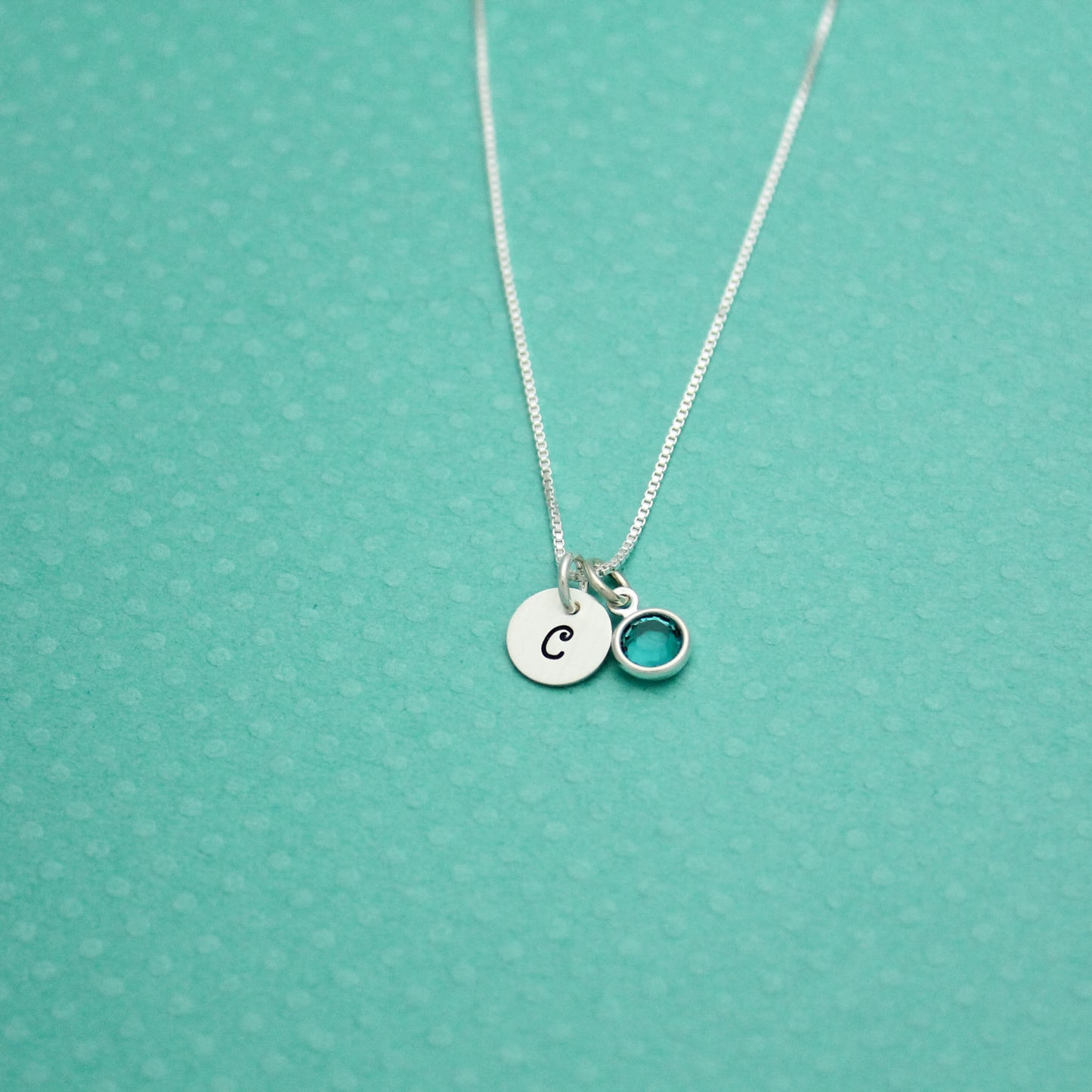 Sterling Silver Necklace with Tiny Initial and Birthstone Crystal Charm Bridesmaid Hand Stamped Jewelry