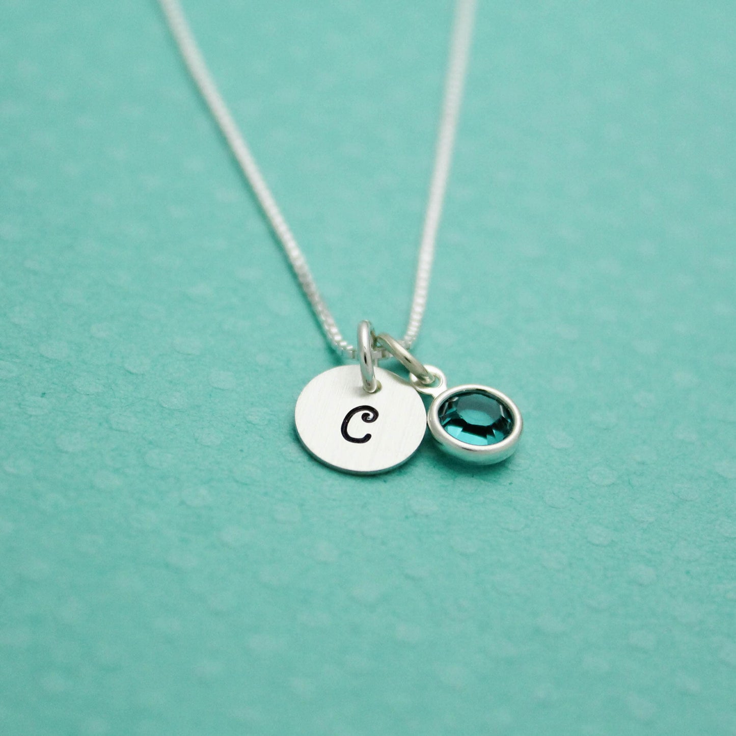 Sterling Silver Necklace with Tiny Initial and Birthstone Crystal Charm Bridesmaid Hand Stamped Jewelry