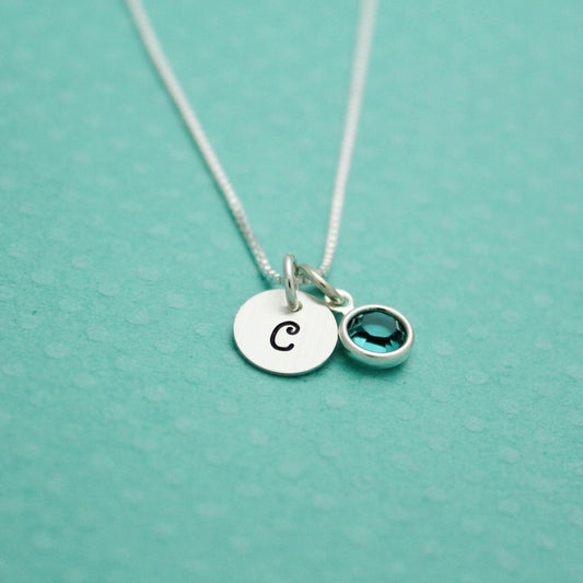 Sterling Silver Necklace with Tiny Initial and Birthstone Crystal Charm Bridesmaid Hand Stamped Jewelry