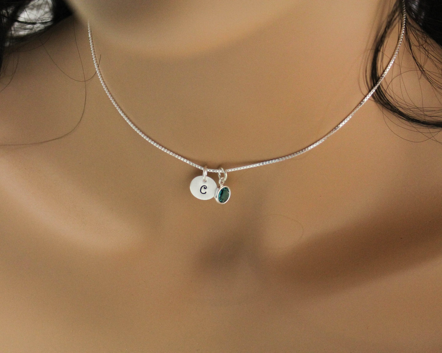 Sterling Silver Necklace with Tiny Initial and Birthstone Crystal Charm Bridesmaid Hand Stamped Jewelry