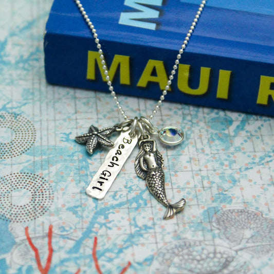 Beach Girl Necklace, Mermaid Necklace, Beach Girl Jewelry, Mermaid Jewelry, Beach Necklace, Vacation Cruise Sterling Silver Hand Stamped