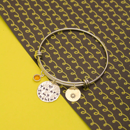 You Are My Sunshine Bangle Bracelet, Sun Jewelry, Mother Bracelet, Grandmother Bracelet, Gifts for Her, Personalized Hand Stamped Jewelry