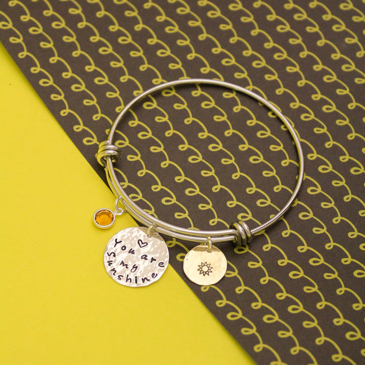 You Are My Sunshine Bangle Bracelet, Sun Jewelry, Mother Bracelet, Grandmother Bracelet, Gifts for Her, Personalized Hand Stamped Jewelry