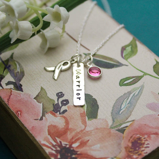 Personalized Cancer Survivor Necklace in Sterling Silver, Cancer Warrior Necklace Gift, Breast Cancer Survivor Necklace, Recovery Ribbon