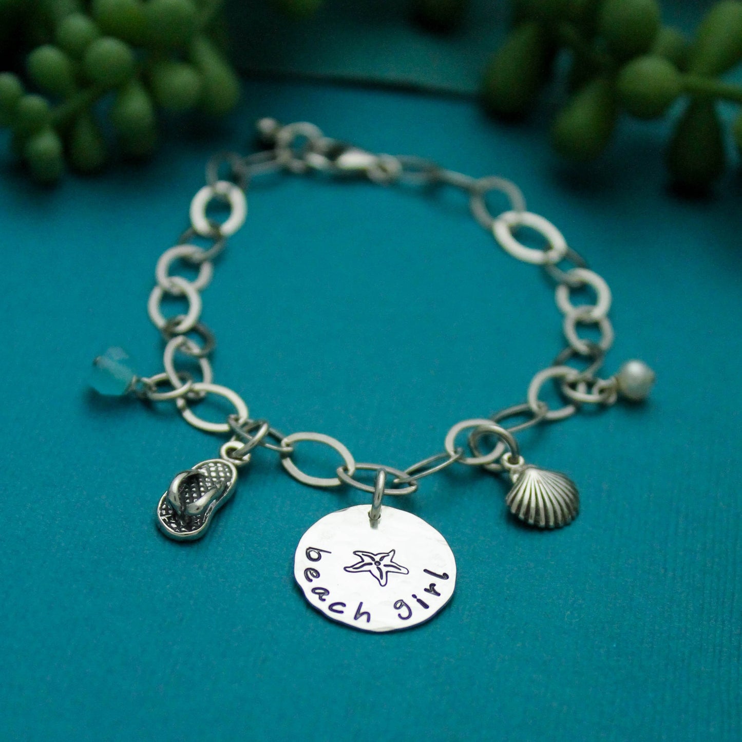 Sterling Silver Personalized Beach Girl Bracelet with Seashell & Flip Flop, Birthstone, Pearl, or Blue Sea Glass Charms, Beach Girl Gift