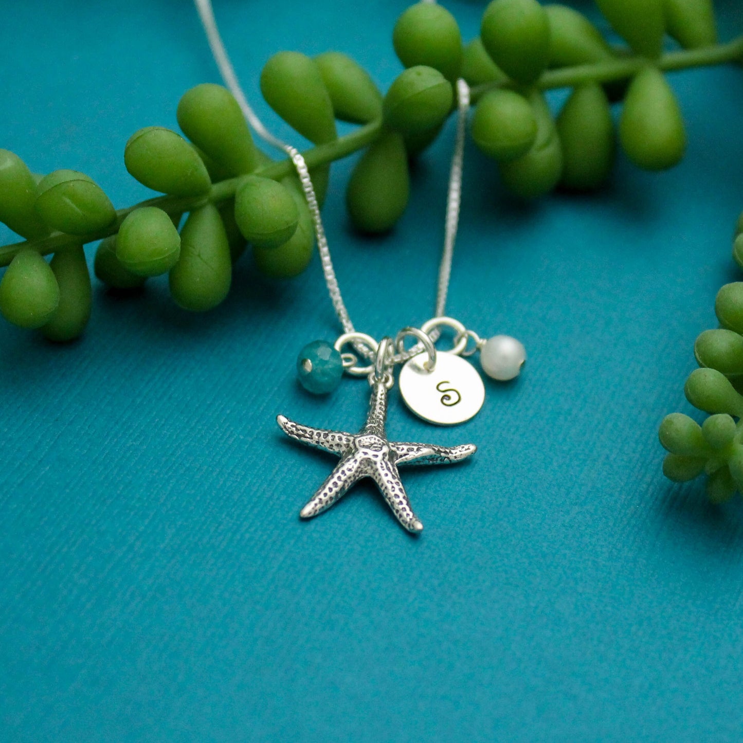 Sterling Silver Personalized Starfish Necklace with Initial and Birthstone, Pearl, Shell or Sea Glass Charms Hand Stamped Jewelry