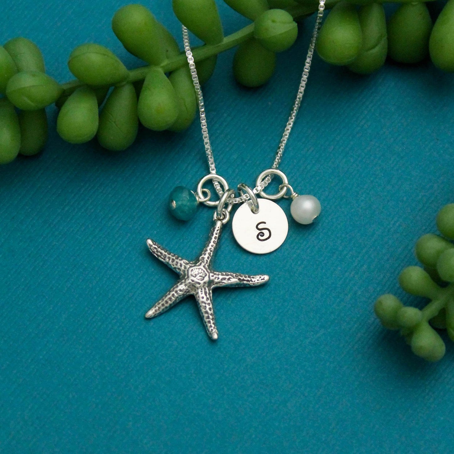 Sterling Silver Personalized Starfish Necklace with Initial and Birthstone, Pearl, Shell or Sea Glass Charms Hand Stamped Jewelry