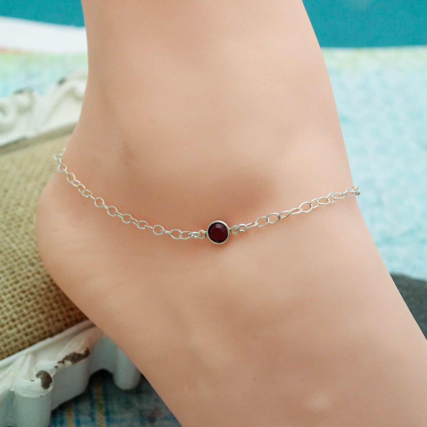 July Birthstone Anklet, July Birthday Gift, Ruby Anklet, Sterling Silver Anklet, Gifts for Her, July Birthday, Birthstone Anklet