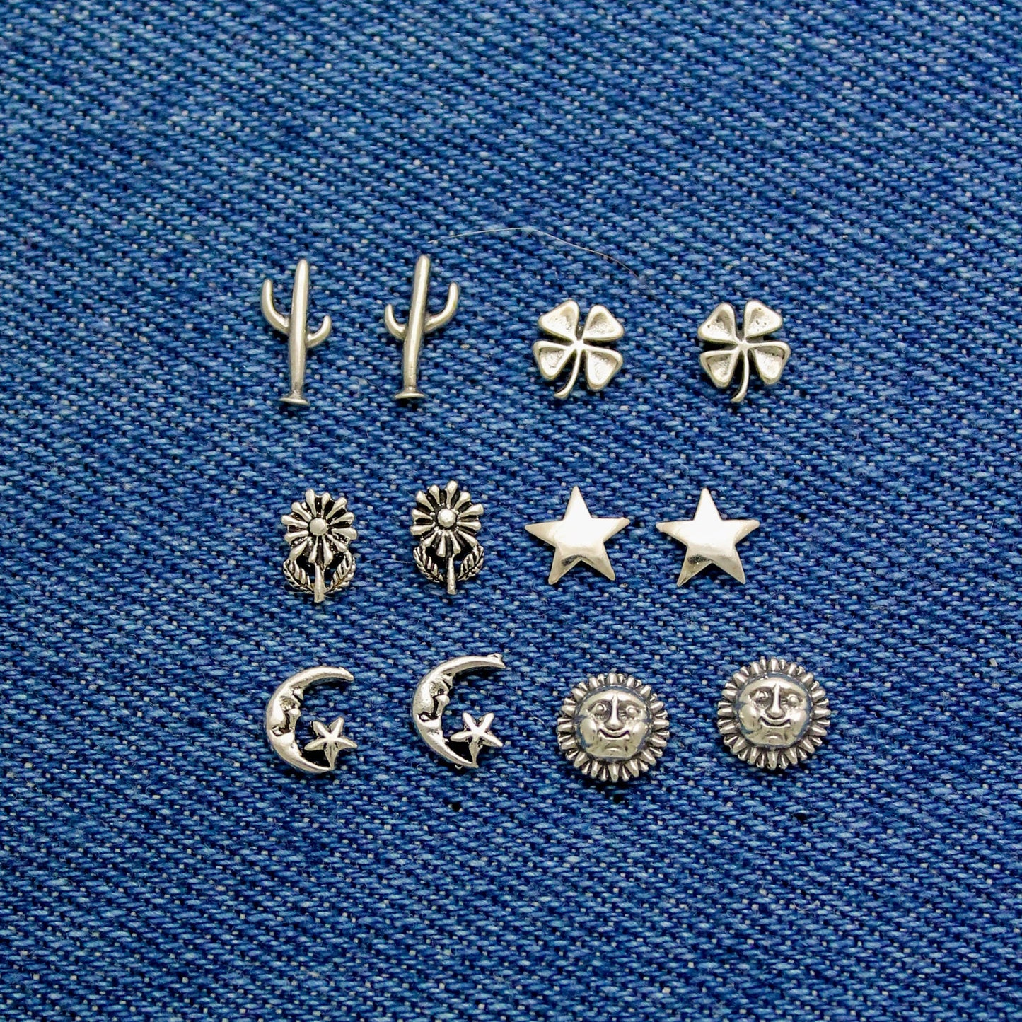 Flower and Celestial Studs in Sterling Silver, Sun, Moon with Stars, Stars, Daisies, Clovers, & Cactus, Silver Stud Earrings, Gift for Her