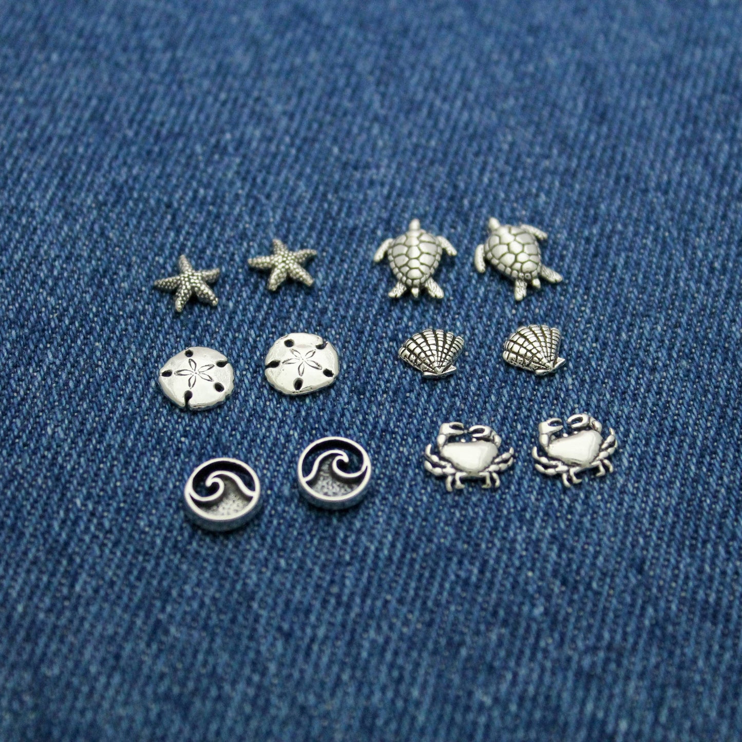Cute Beach Studs in Sterling Silver, Waves, Crabs, Shells, Turtles, Starfish, & Sand dollar, Silver Stud Earrings, Cute Gift for Her