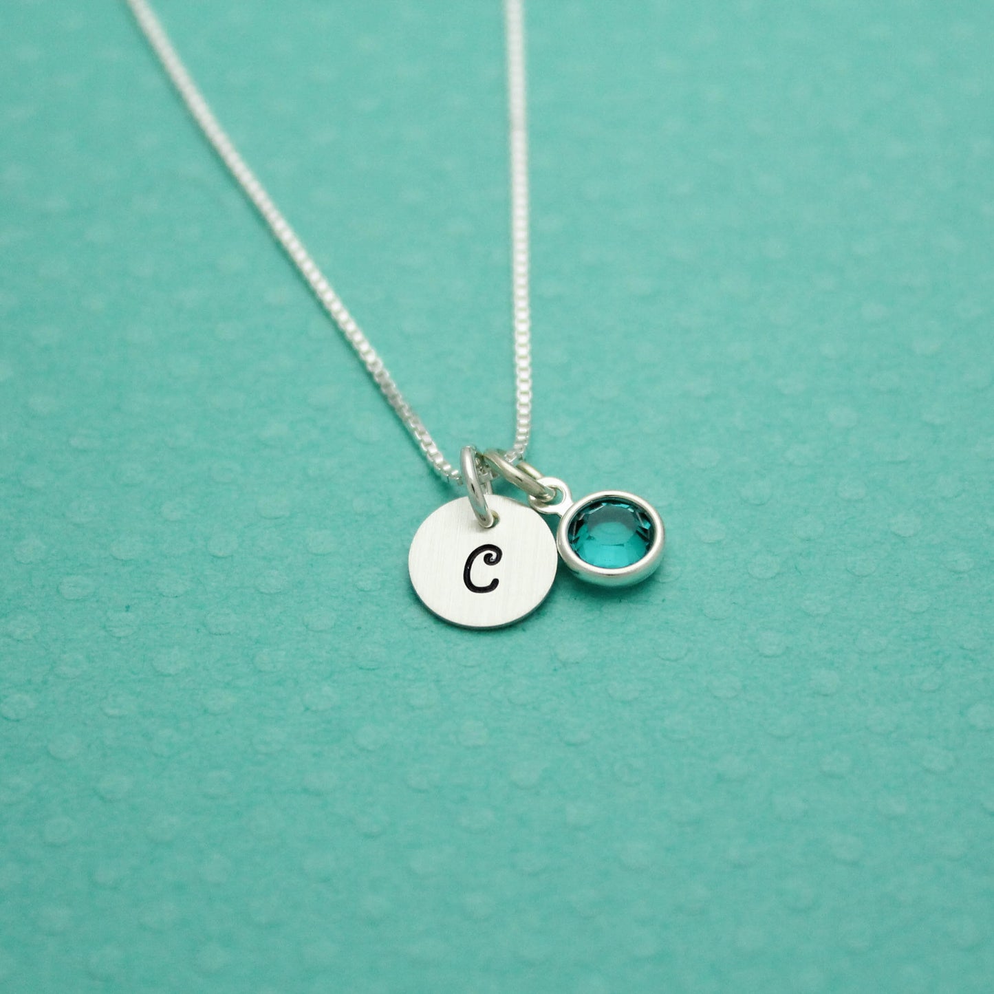Sterling Silver Necklace with Tiny Initial and Birthstone Crystal Charm Bridesmaid Hand Stamped Jewelry