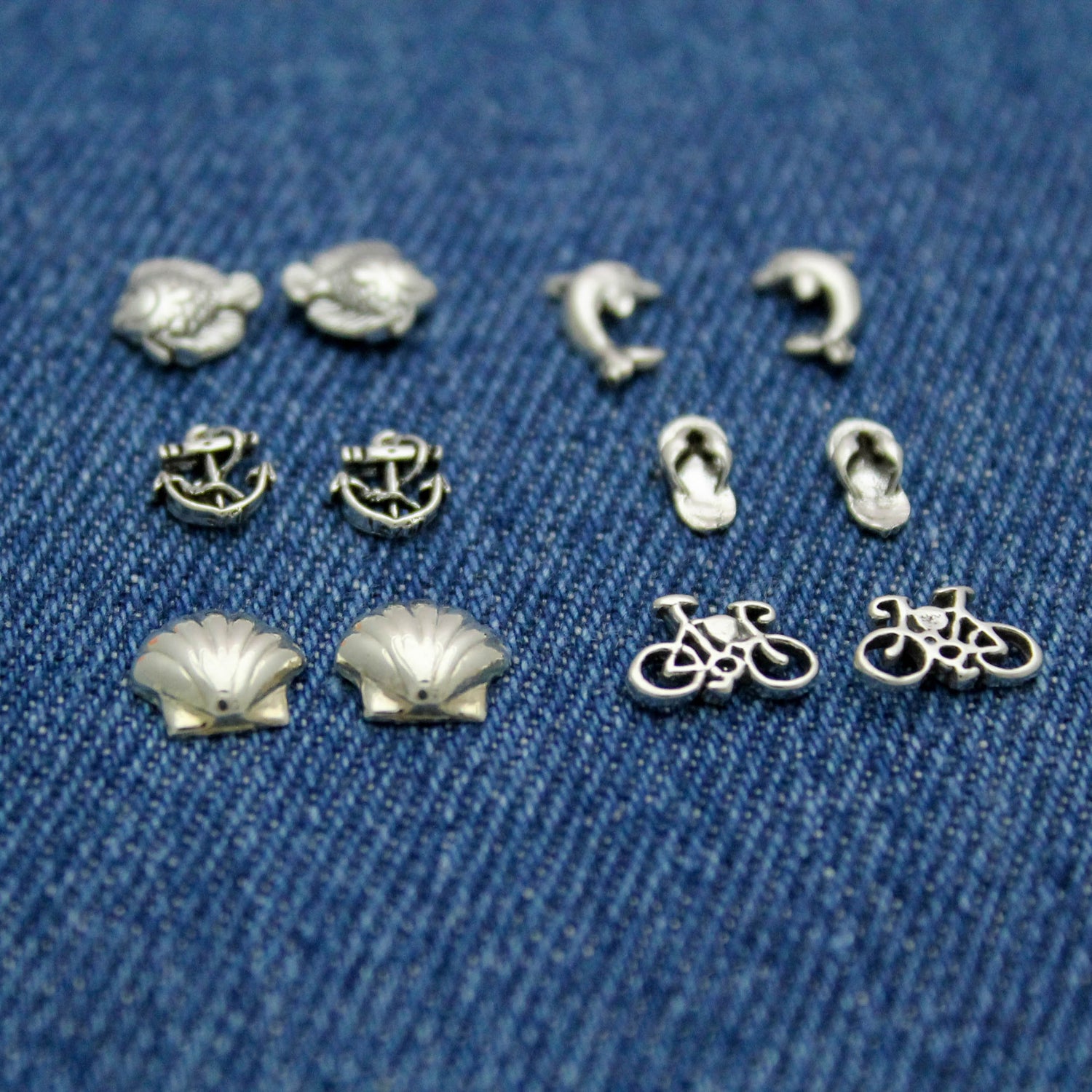 Cute Beach Studs in Sterling Silver, Shells, Anchors, Tropical Fish, Dolphins, Flip Flops, & Bicycles, Silver Stud Earrings, Gift for Her
