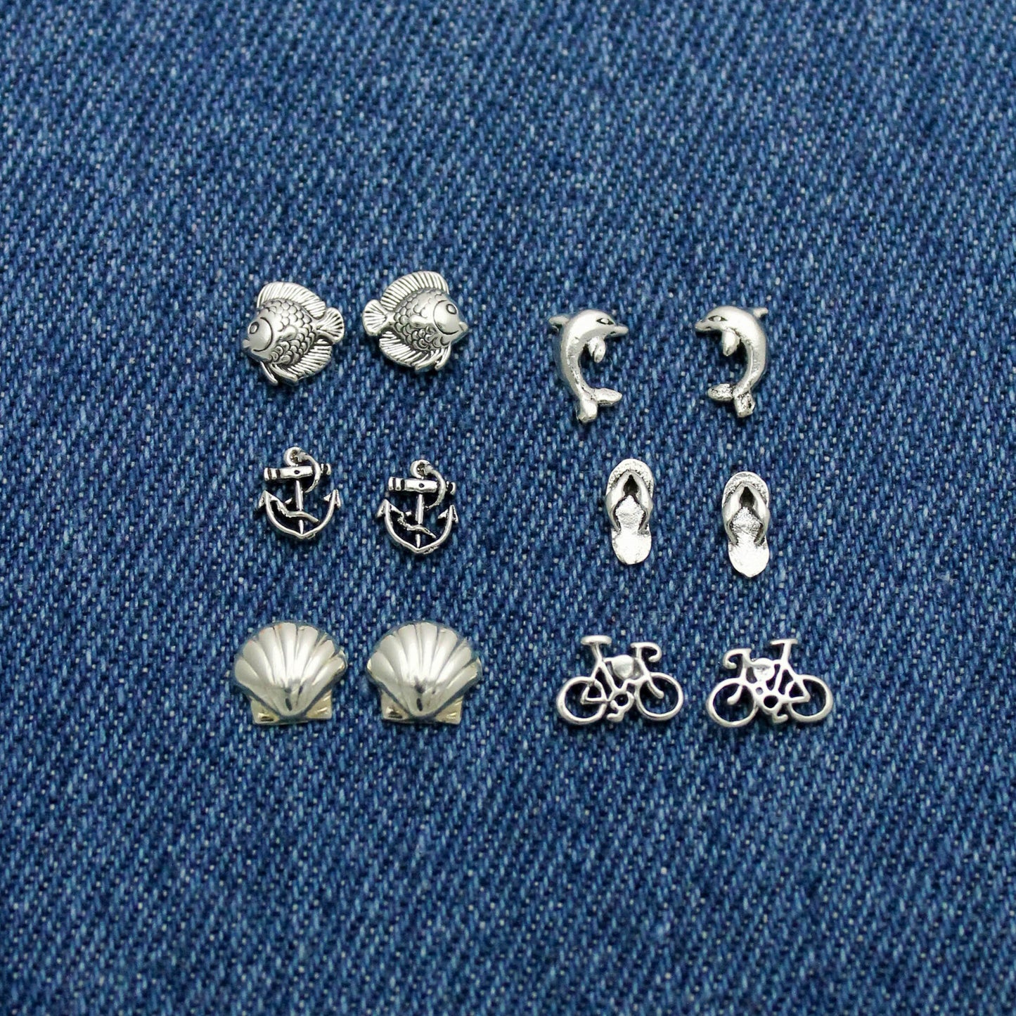 Cute Beach Studs in Sterling Silver, Shells, Anchors, Tropical Fish, Dolphins, Flip Flops, & Bicycles, Silver Stud Earrings, Gift for Her