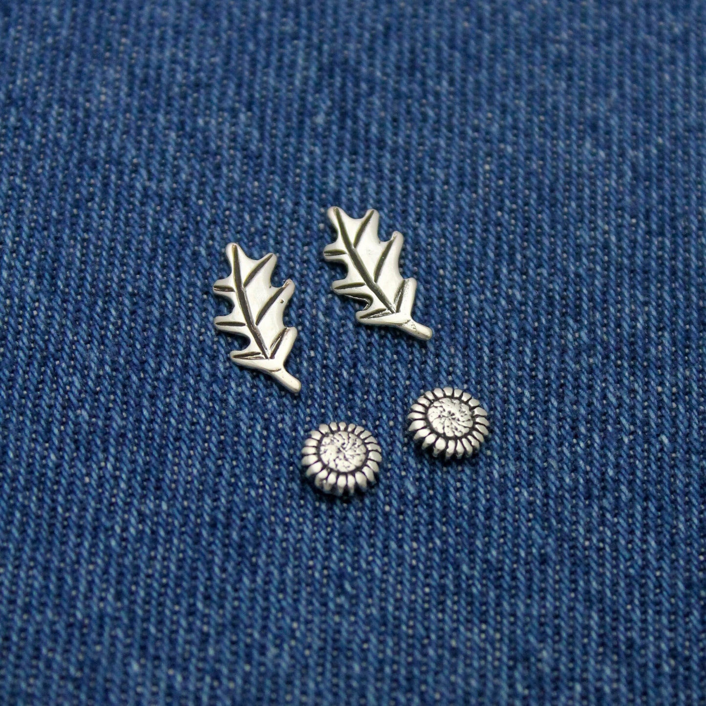 Cute Studs in Sterling Silver Sunflowers and Fall Leaves, Minimalist Silver Stud Earrings, Cute Gift for Her, Fall Style Stud Earrings