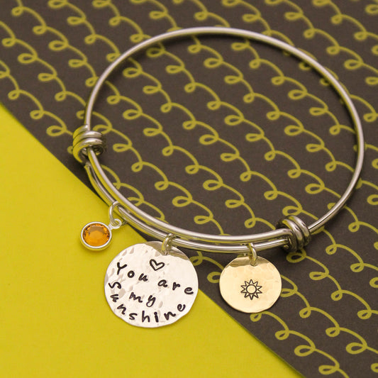You Are My Sunshine Bangle Bracelet, Sun Jewelry, Mother Bracelet, Grandmother Bracelet, Gifts for Her, Personalized Hand Stamped Jewelry