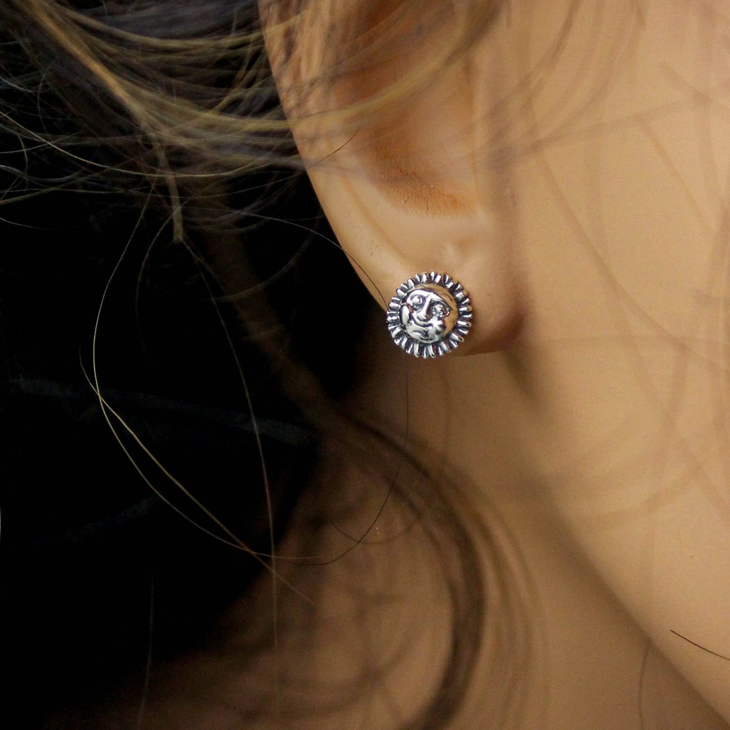 Flower and Celestial Studs in Sterling Silver, Sun, Moon with Stars, Stars, Daisies, Clovers, & Cactus, Silver Stud Earrings, Gift for Her