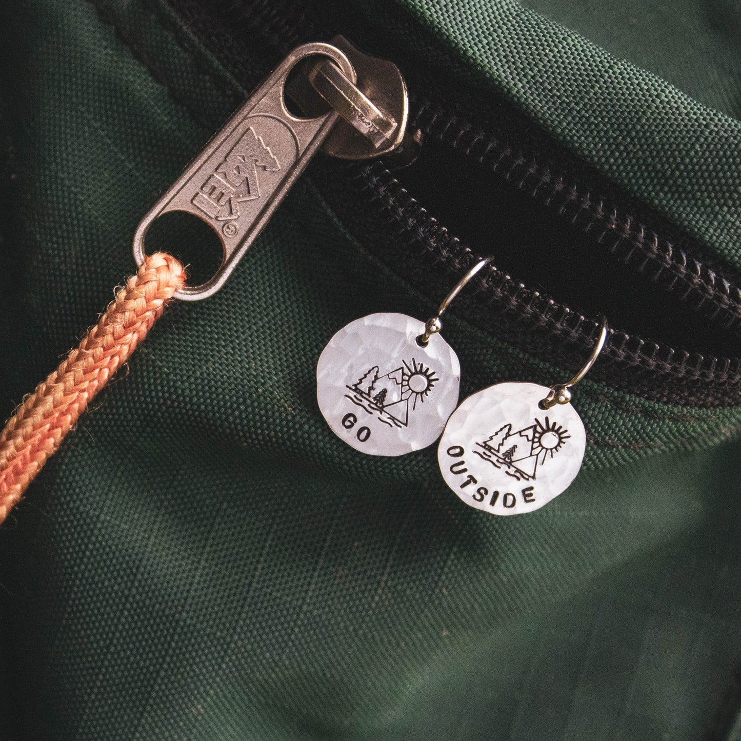 GO OUTSIDE Sterling Silver Earrings, Mountain Hiker Jewelry, Hand Stamped Personalized Earrings, Happy Camper Jewelry Camping Gift for Her