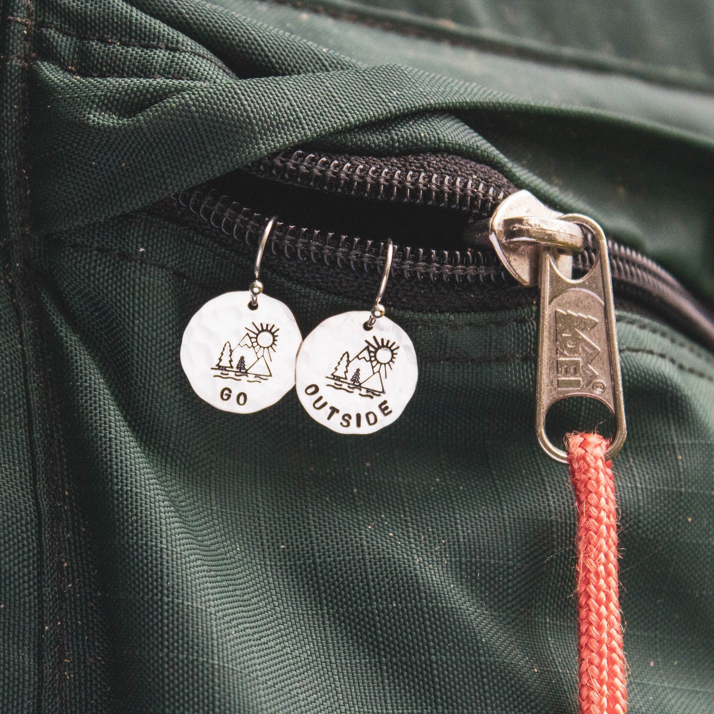 GO OUTSIDE Sterling Silver Earrings, Mountain Hiker Jewelry, Hand Stamped Personalized Earrings, Happy Camper Jewelry Camping Gift for Her