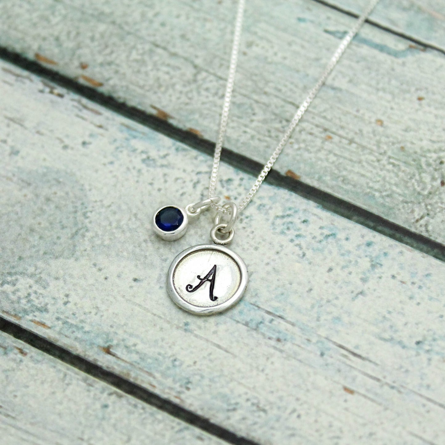 September Birthstone Initial Necklace, Sapphire Jewelry, September Birthday Gift, September Birthstone Jewelry, Wax Seal, Sterling Silver