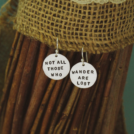 Not All Those Who Wander Are Lost Sterling Silver Earrings, Adventure Jewelry, Hand Stamped Personalized Earrings, Cute Camping Gift for Her