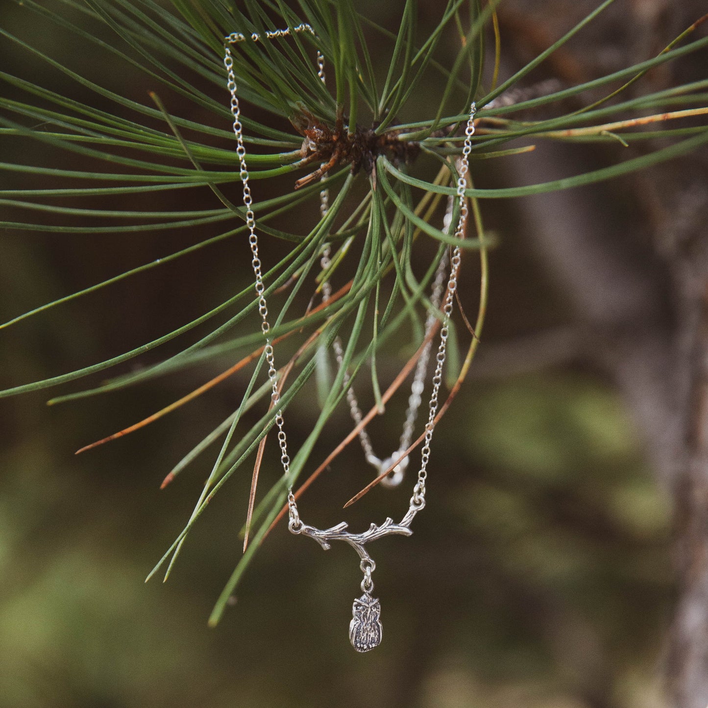 Owl on Tree Branch Necklace Sterling Silver, Horizontal Bar Necklace, Owl Jewelry, Adventure Jewelry, Silver Owl with Branch Rustic Necklace