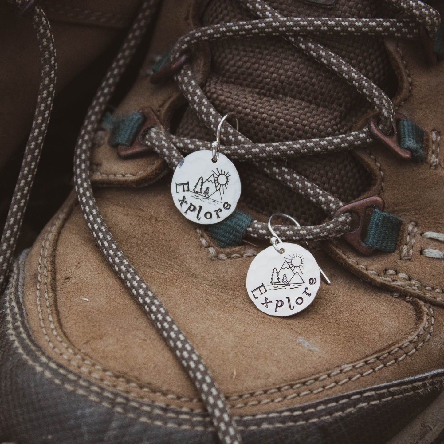 Explore Sterling Silver Earrings, Explore Mountains Jewelry, Hand Stamped Personalized Earrings, Camper Explore Jewelry Camping Gift for Her