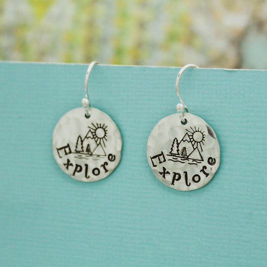 Explore Sterling Silver Earrings, Explore Mountains Jewelry, Hand Stamped Personalized Earrings, Camper Explore Jewelry Camping Gift for Her