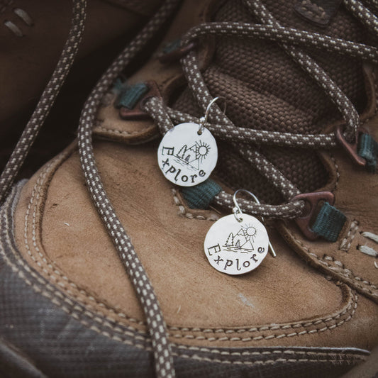 Explore Sterling Silver Earrings, Explore Mountains Jewelry, Hand Stamped Personalized Earrings, Camper Explore Jewelry Camping Gift for Her