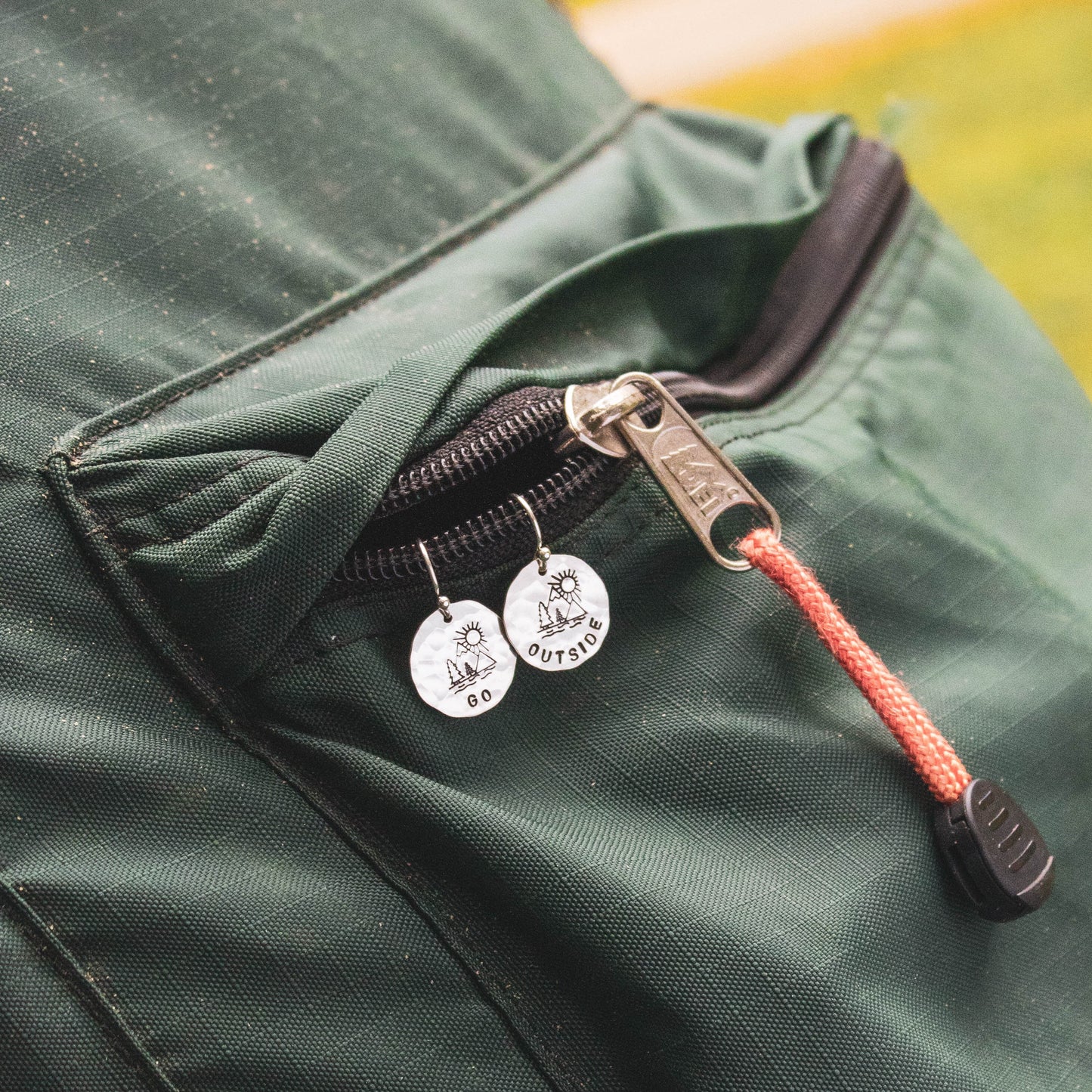 GO OUTSIDE Sterling Silver Earrings, Mountain Hiker Jewelry, Hand Stamped Personalized Earrings, Happy Camper Jewelry Camping Gift for Her