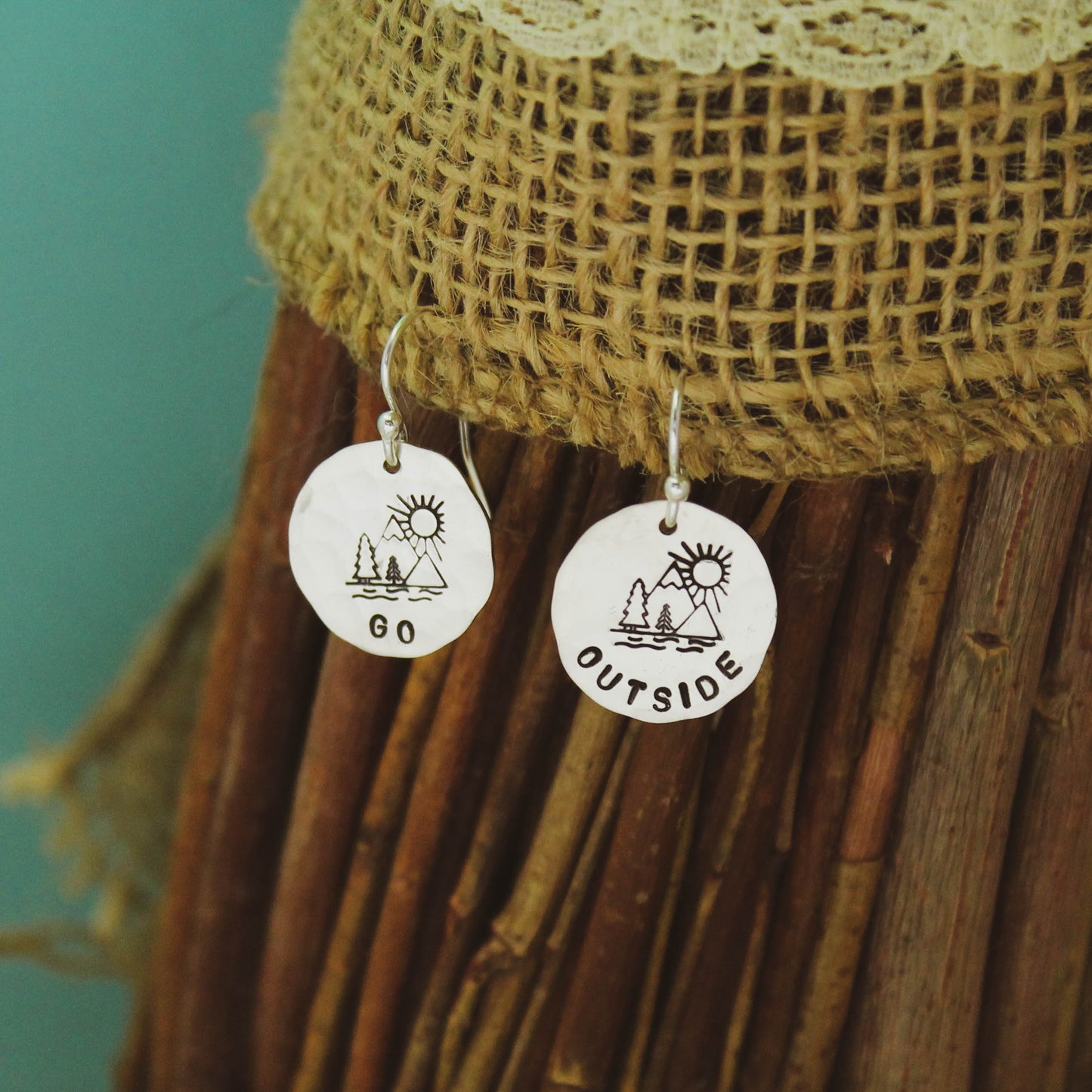 GO OUTSIDE Sterling Silver Earrings, Mountain Hiker Jewelry, Hand Stamped Personalized Earrings, Happy Camper Jewelry Camping Gift for Her