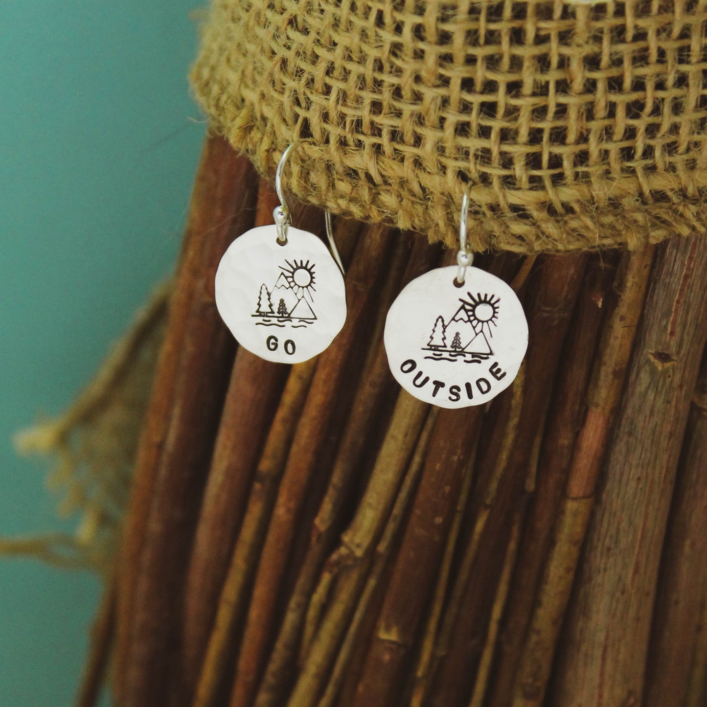 GO OUTSIDE Sterling Silver Earrings, Mountain Hiker Jewelry, Hand Stamped Personalized Earrings, Happy Camper Jewelry Camping Gift for Her