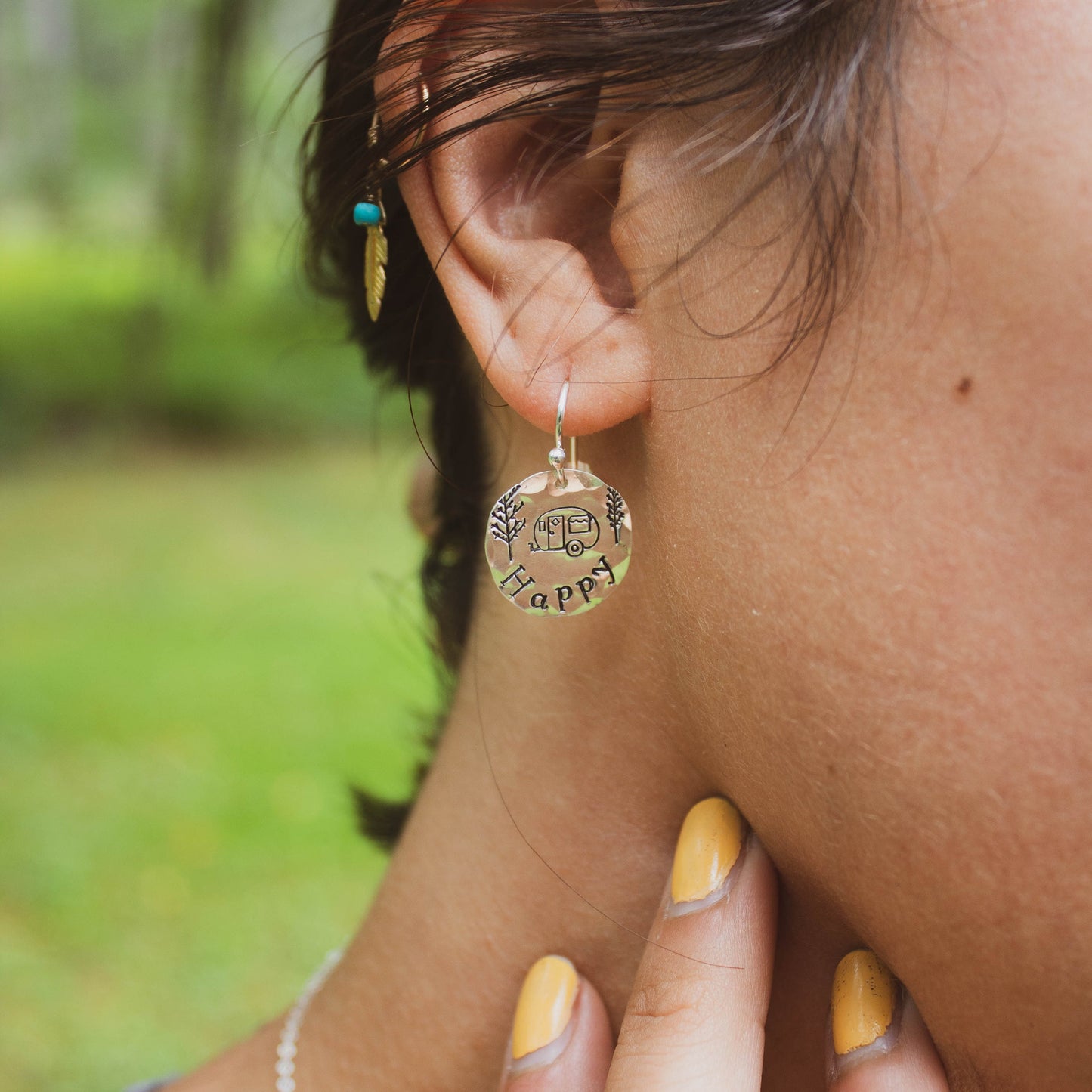 Happy Camper Sterling Silver Earrings, Airstream Camper Jewelry, Hand Stamped Personalized Earrings, Camper Jewelry Camping Gift for Her