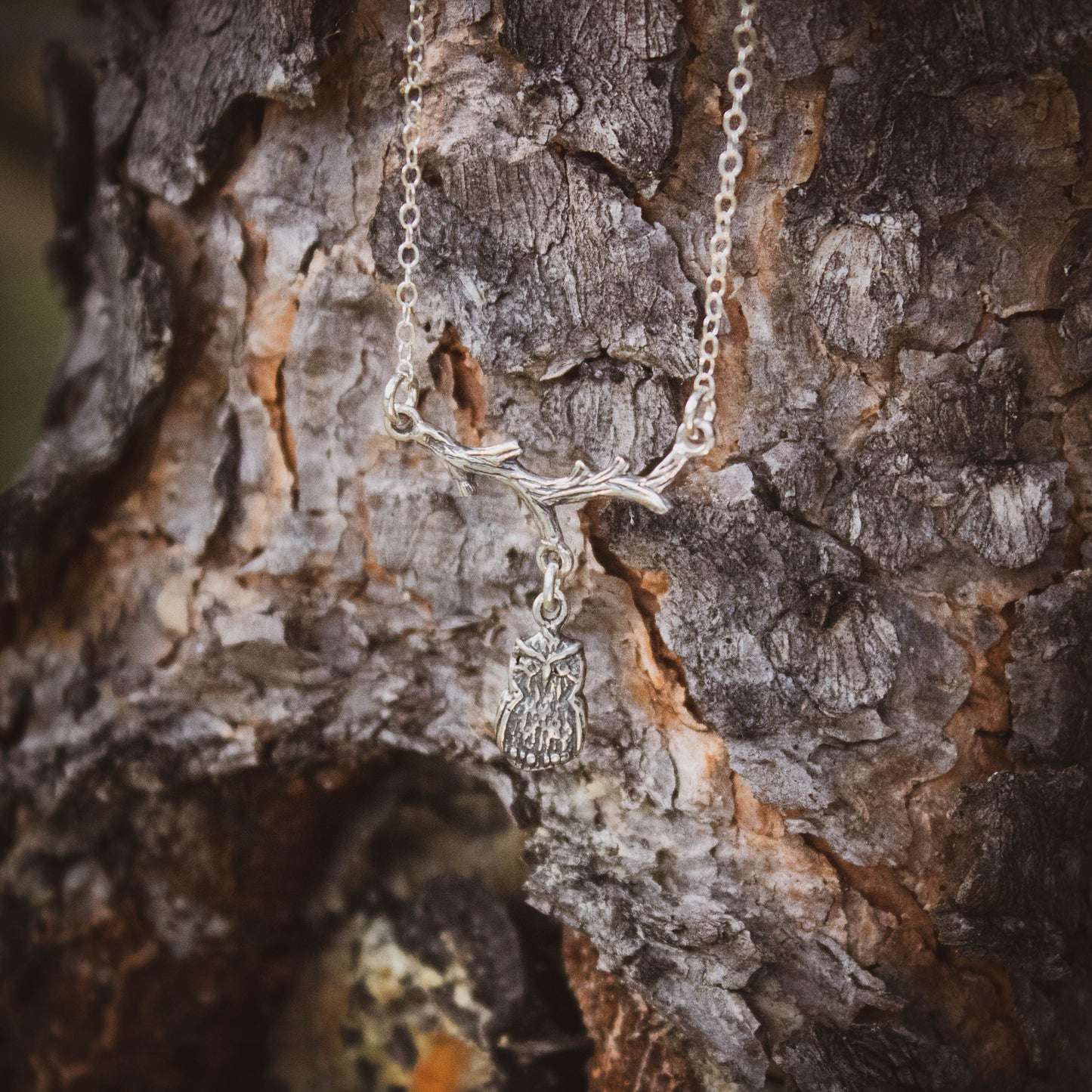 Owl on Tree Branch Necklace Sterling Silver, Horizontal Bar Necklace, Owl Jewelry, Adventure Jewelry, Silver Owl with Branch Rustic Necklace