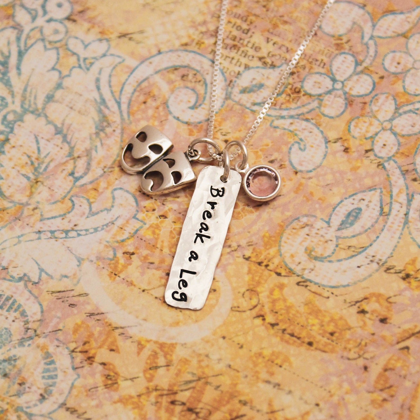 Break A Leg Theater Actor Necklace, Personalized Theater Acting Necklace, Comedy Tragedy Charm Sterling Silver Personalized Hand Stamped