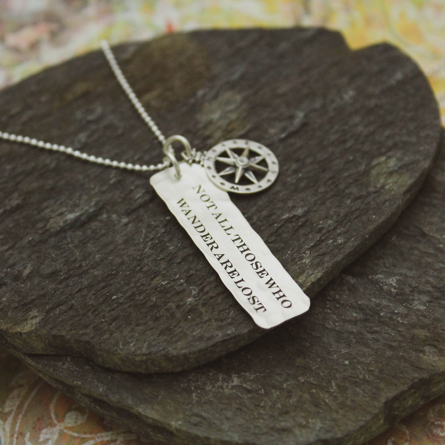 Sterling Silver Tag Necklace Not All Those Who Wander Are Lost Compass Hand Stamped Jewelry, Wanderlust Jewelry, Graduation Gifts for Her