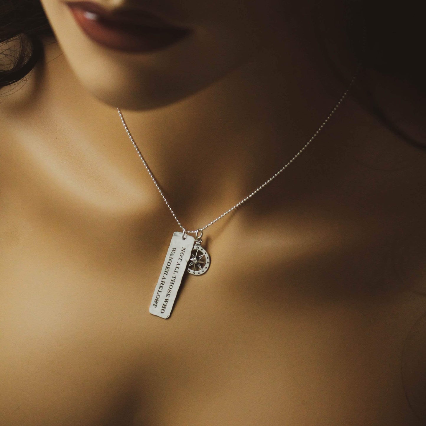 Sterling Silver Tag Necklace Not All Those Who Wander Are Lost Compass Hand Stamped Jewelry, Wanderlust Jewelry, Graduation Gifts for Her