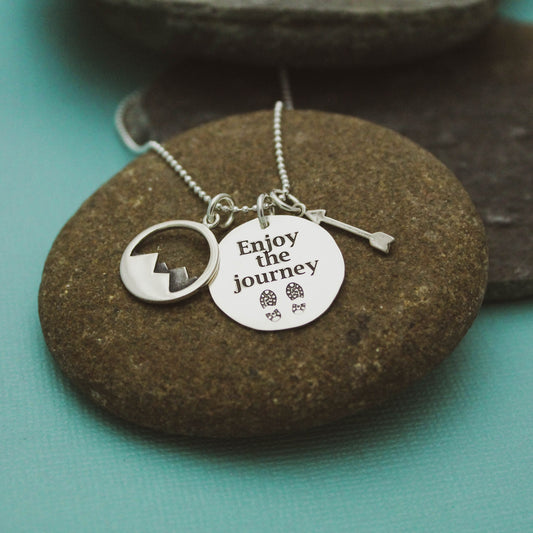 Enjoy the Journey Necklace, Hiking Necklace, Mountain Jewelry, Graduation Gift, Hand Stamped Necklace, Adventure Jewelry, Hiker Necklace