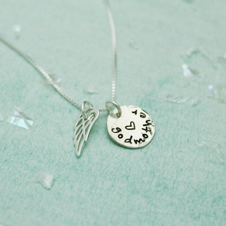 Godmother Necklace - Personalized and Hand Stamped - Cross and Angel Wing in Sterling Silver, Angel Wing Necklace, Unique Godmother Gift