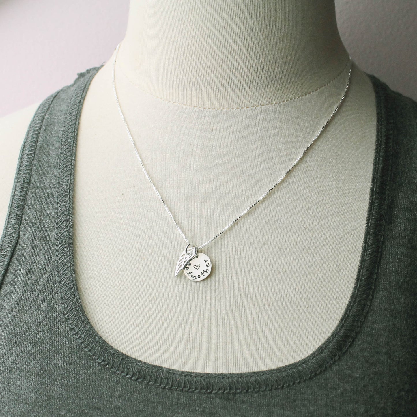 Godmother Necklace - Personalized and Hand Stamped - Cross and Angel Wing in Sterling Silver, Angel Wing Necklace, Unique Godmother Gift