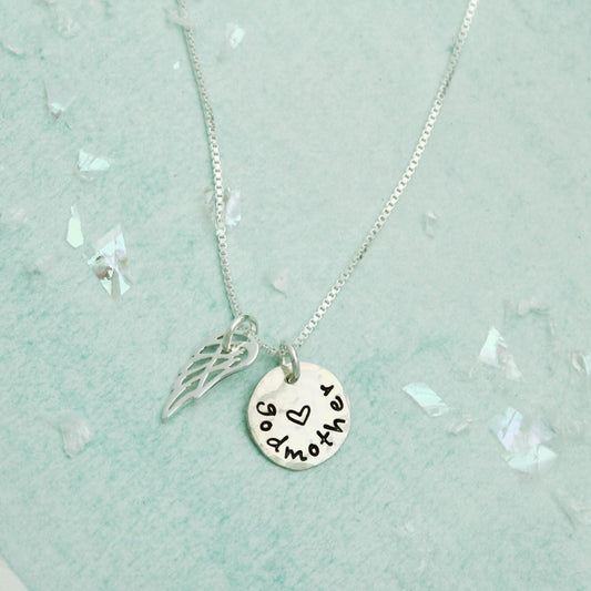Godmother Necklace - Personalized and Hand Stamped - Cross and Angel Wing in Sterling Silver, Angel Wing Necklace, Unique Godmother Gift