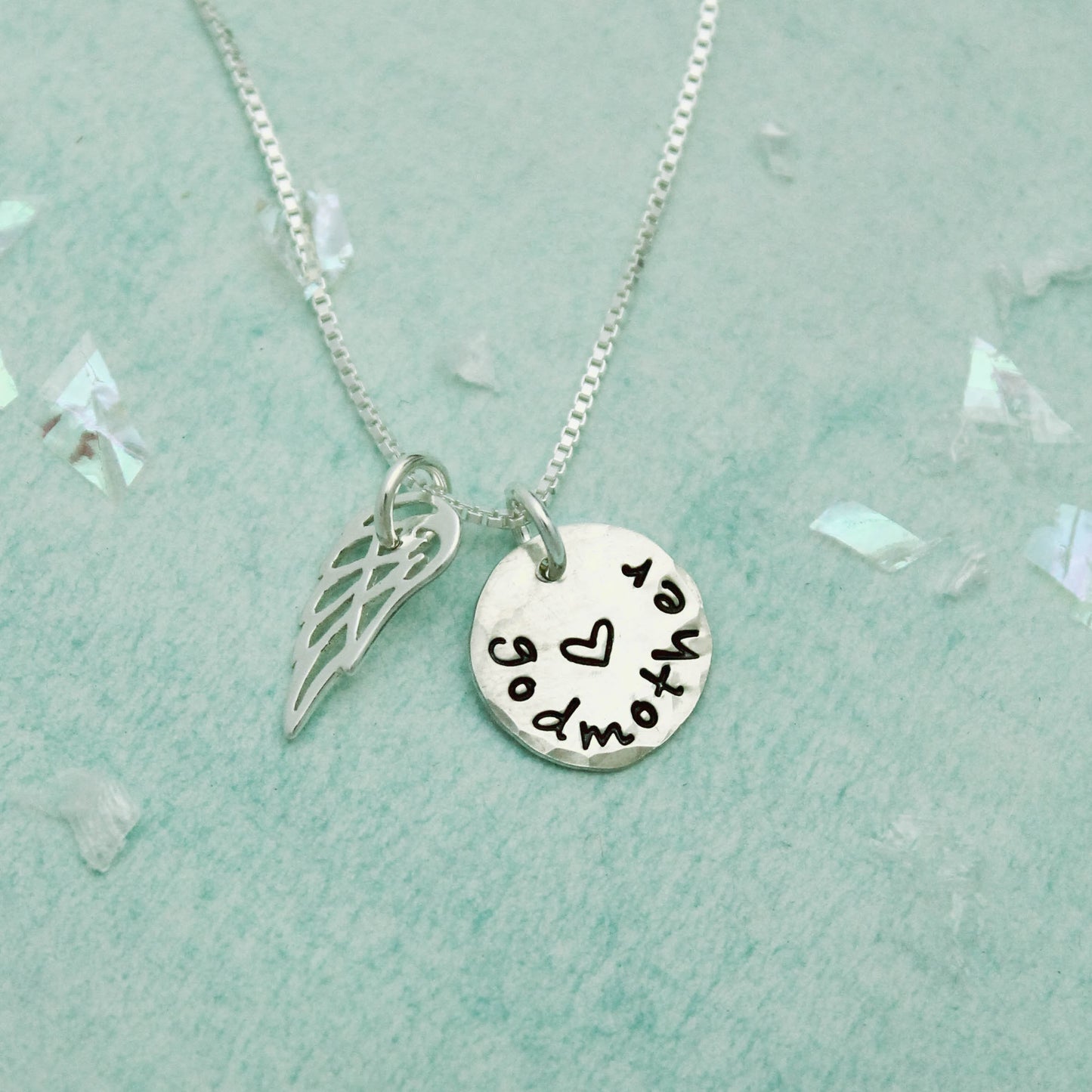 Godmother Necklace - Personalized and Hand Stamped - Cross and Angel Wing in Sterling Silver, Angel Wing Necklace, Unique Godmother Gift