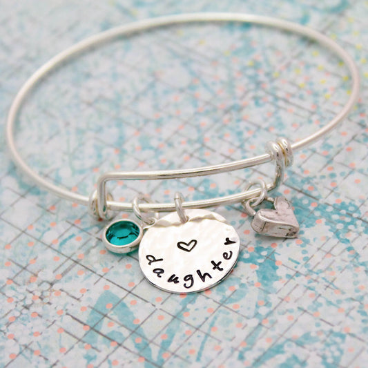 Daughter Bracelet with Birthstone, Personalized Daughter Bangle, Daughter Gift, Hand Stamped Jewelry, .925 Silver Cute Jewelry for Daughters
